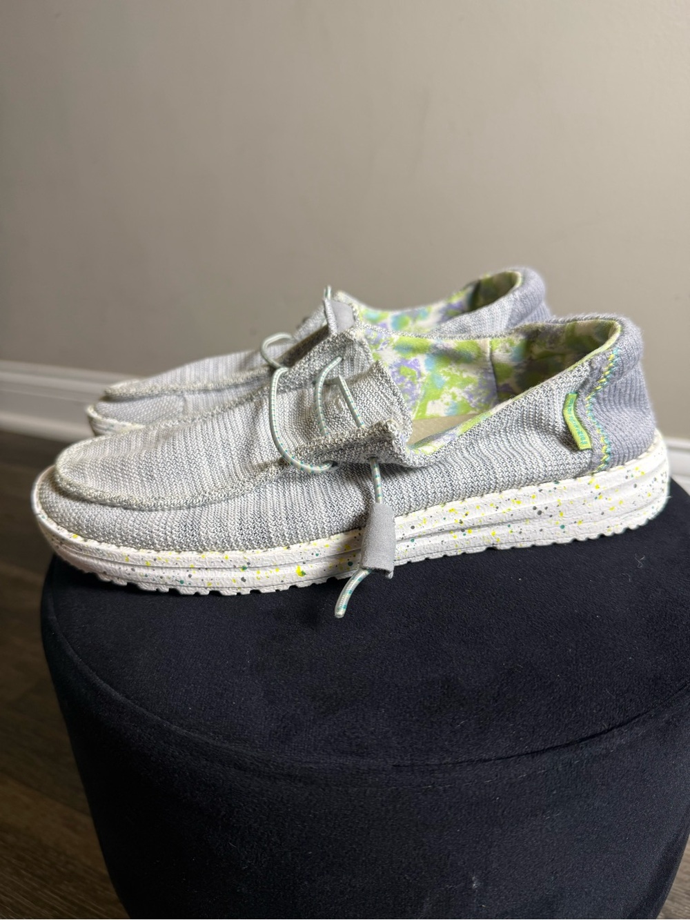 Hey Dude Casual Slip-On Sneakers in Light Gray with Lime Accent
